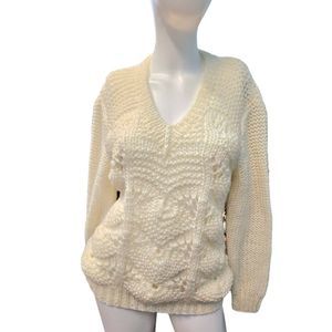 JF Adams Cream Chunky Hand Knit Sweater Large Fall Winter
